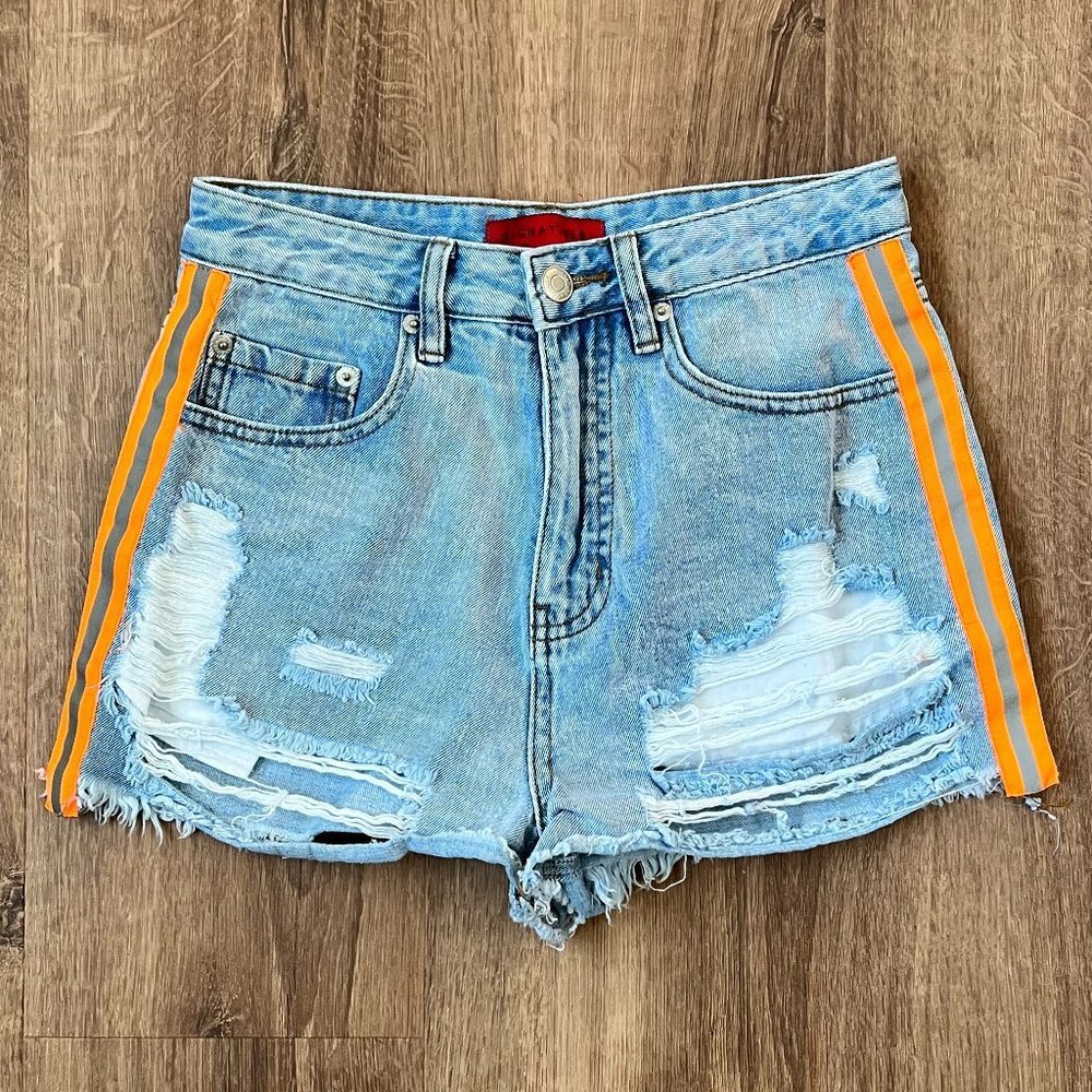 Signature 8 | Ultra High Rise Orange Reflective Distressed Jean Shorts Sz S